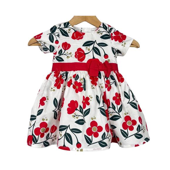Carters 18 month white & red  flowers bow in front full skirt dress 100% cotton - Picture 1 of 6